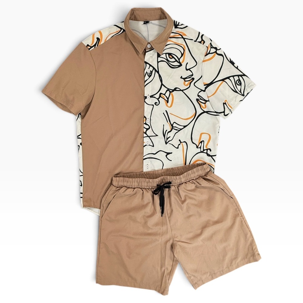 MANFINITY Homme Abstract Face Print Colorblock Shirt and Shorts Mens S Tan Print